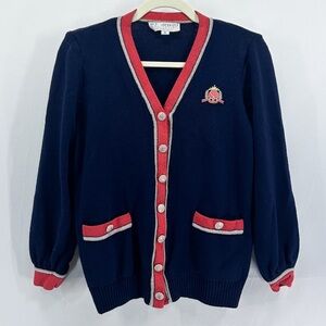Vintage St. John Collection Navy Red Preppy V-Neck Santana Knit Cardigan Small